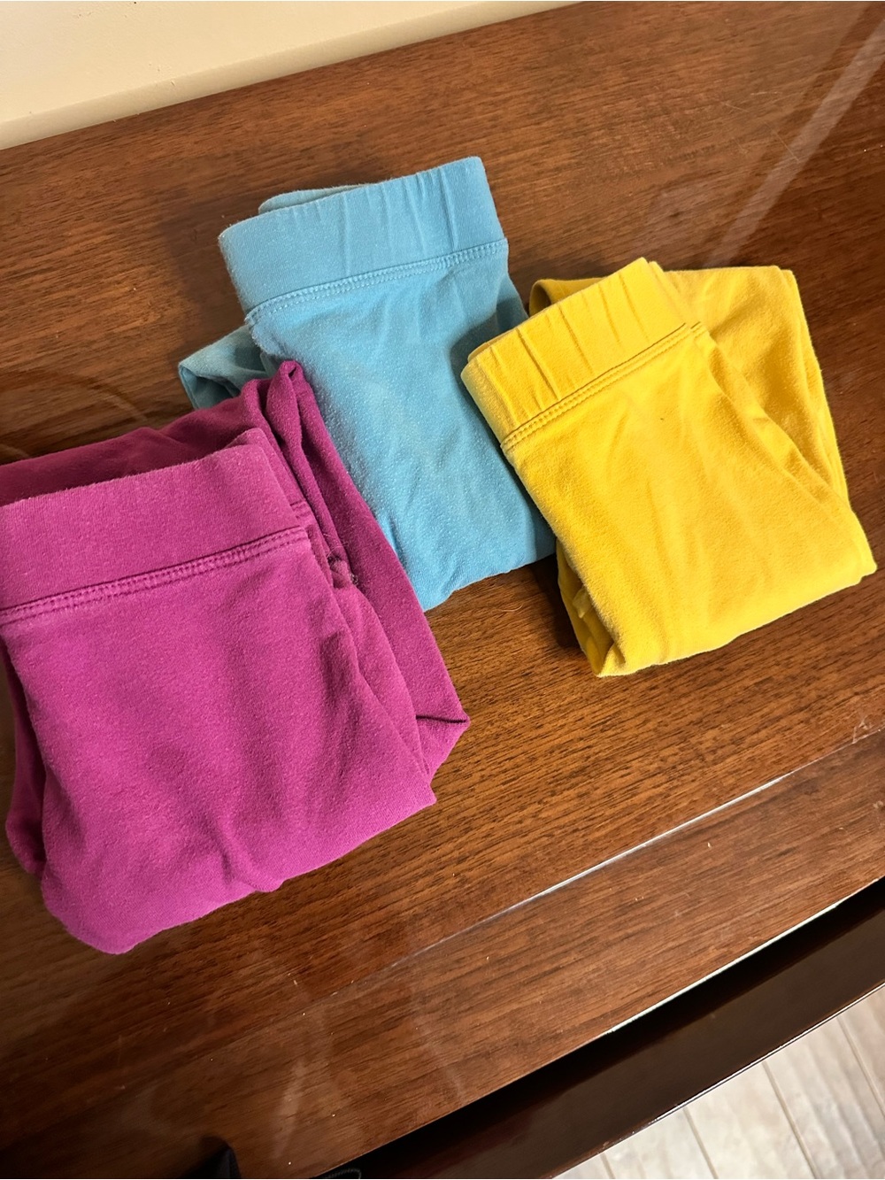 3 Primary Girls' Leggings Trio in Magenta, Light Blue & Yellow